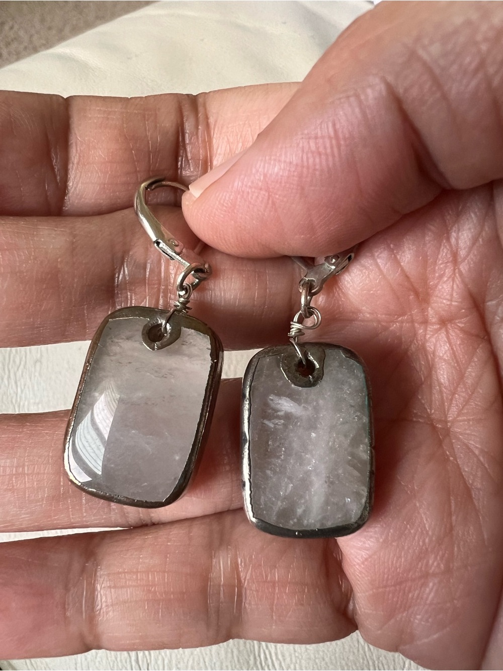 Handmade White Quartz Drop Earrings - Silver Tone